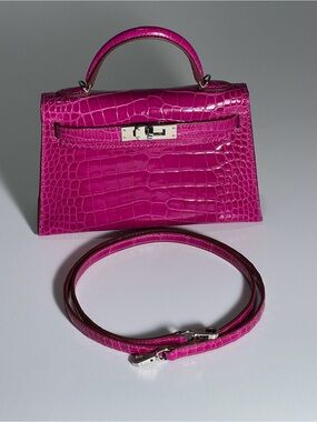 HERMES ALLIGATOR MINI KELLY 20 II SELLIER ROSE SCHEHERAZADE
